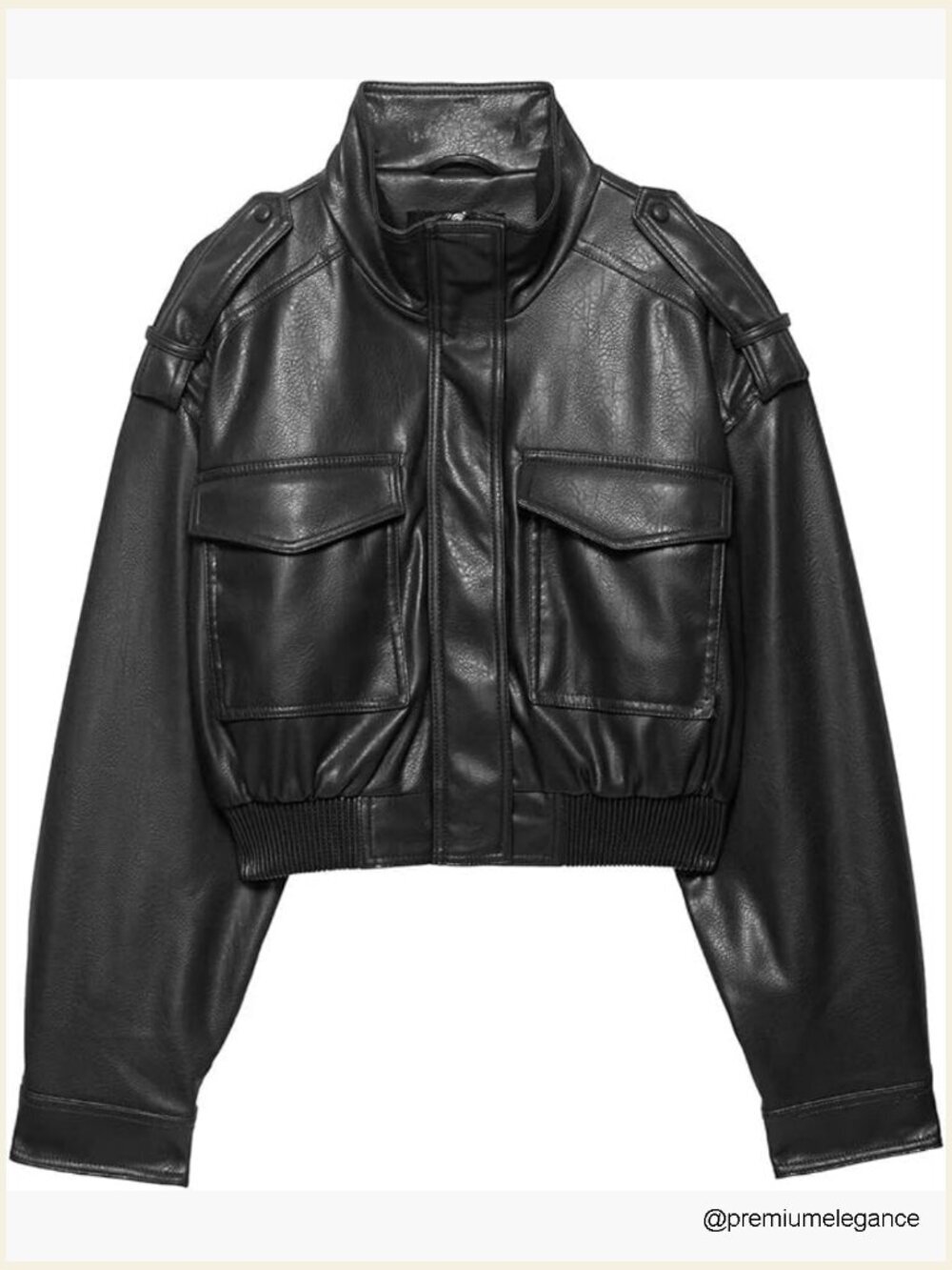 Faux Leather Cropped Bomber Jacket Zip Up Motorcycle Coat
